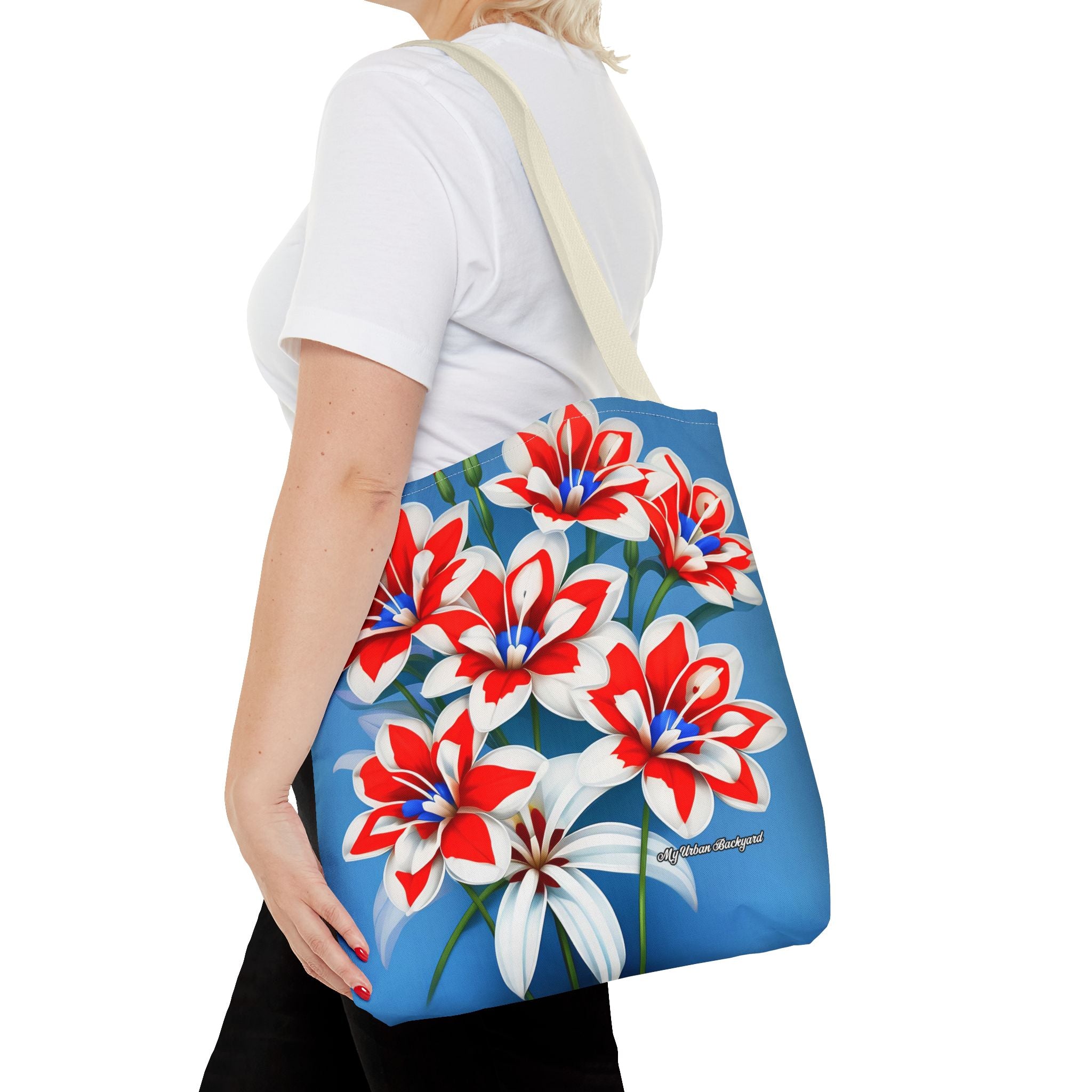 Bouquet of Red White and Blue Flowers Tote Bag with Cotton Handles For Everyday Use, 3 Sizes