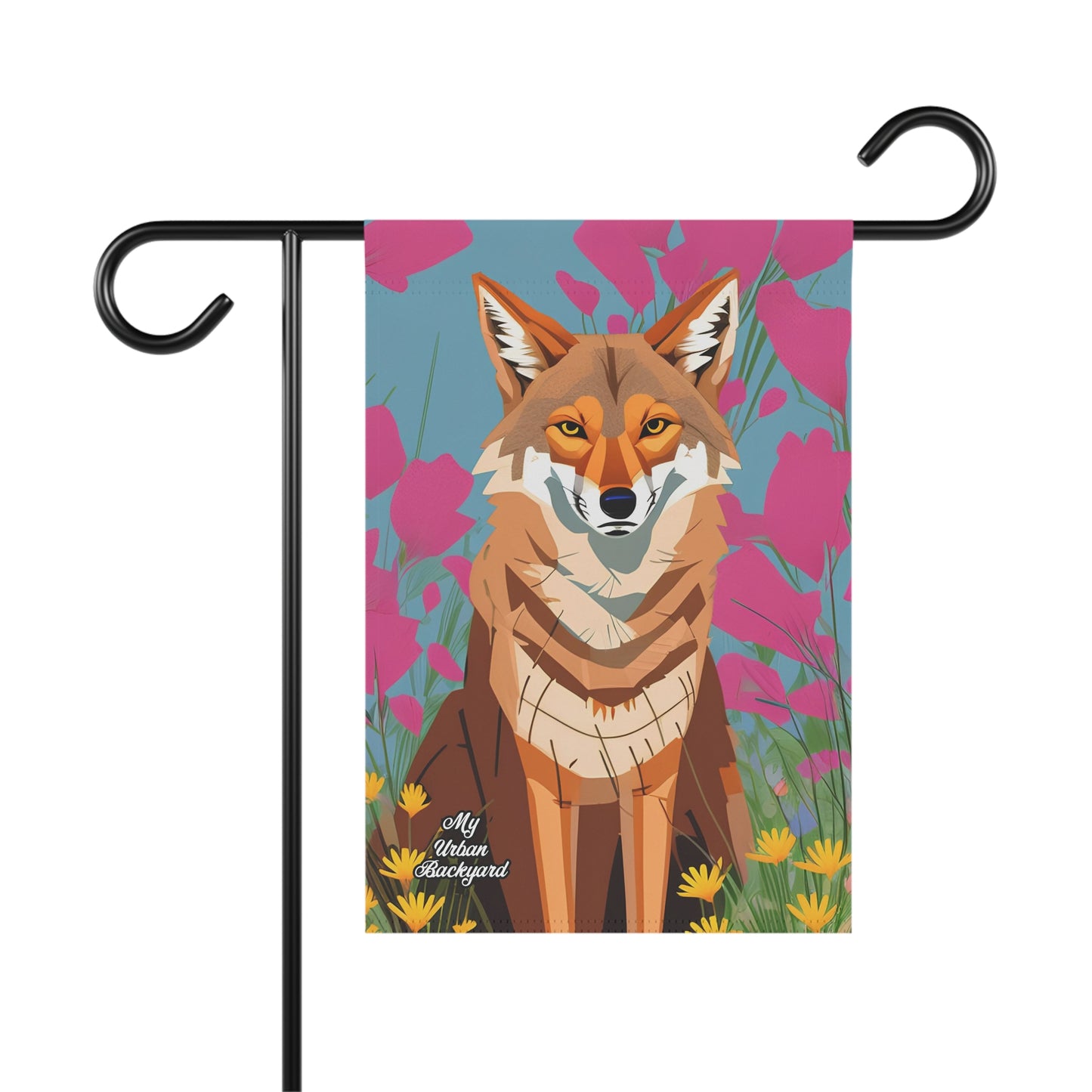 Coyote and Pink Flowers, Garden Flag for Yard, Patio, Porch, or Work, 12"x18" - Flag only
