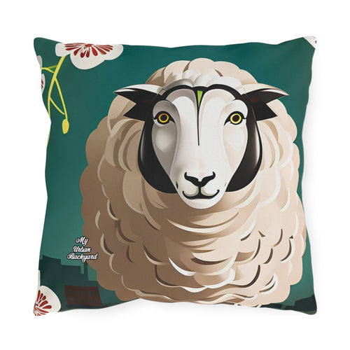 A Sheep with Flowers, Black accent color, Throw Pillow, Indoor/Outdoor Decor for Home or Office