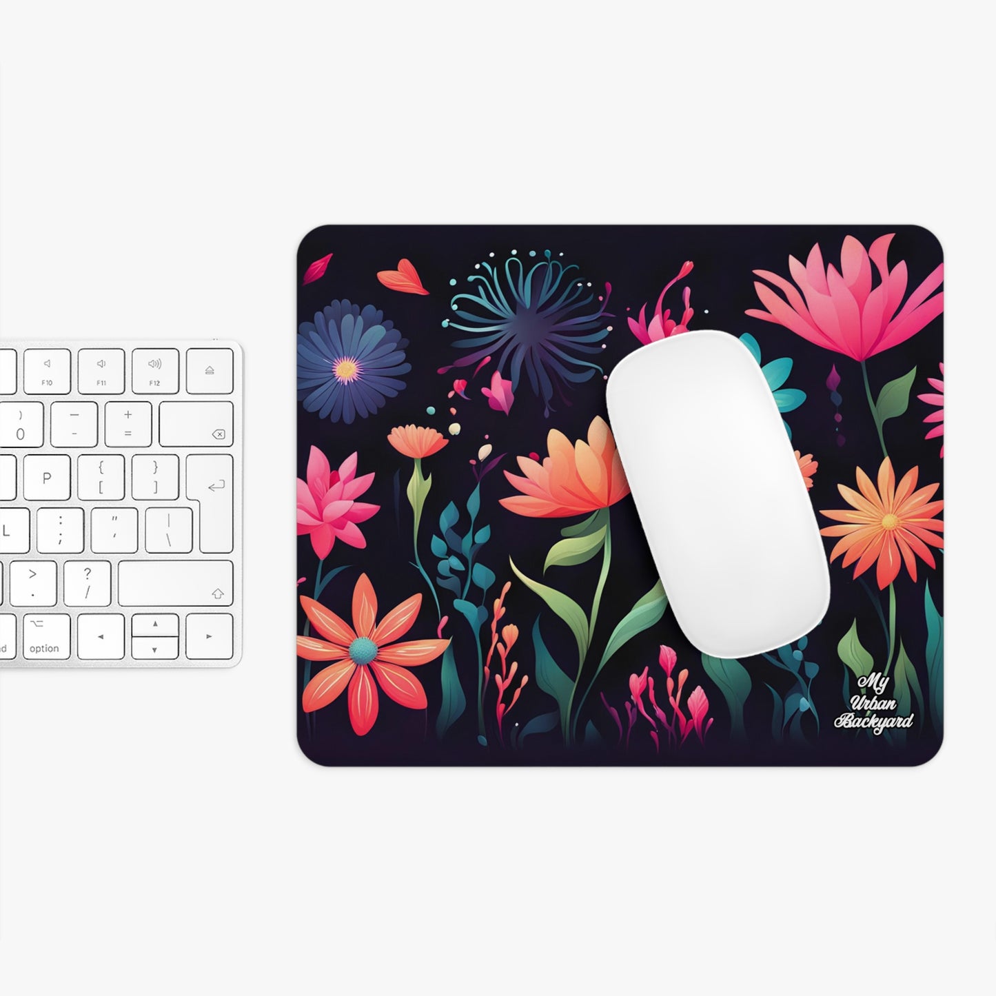 Colorful Flowers on Black, Computer Mouse Pad - for Home or Office