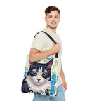 Cat and Blue Flowers, Tote Bag with Cotton Handles