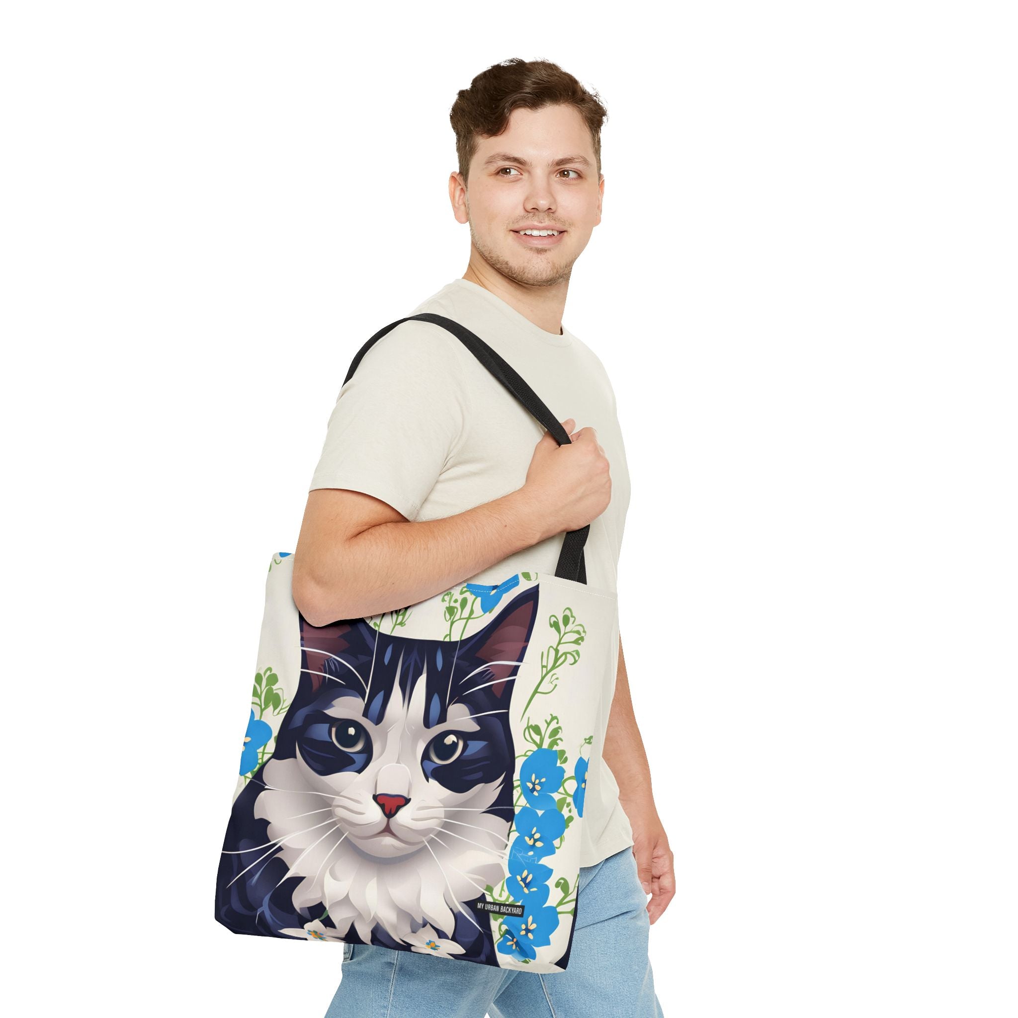 Cat and Blue Flowers, Tote Bag with Cotton Handles