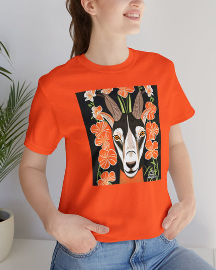 Goat with Orange Flowers, Soft 100% Jersey Cotton T-Shirt, Unisex, Short Sleeve, Retail Fit