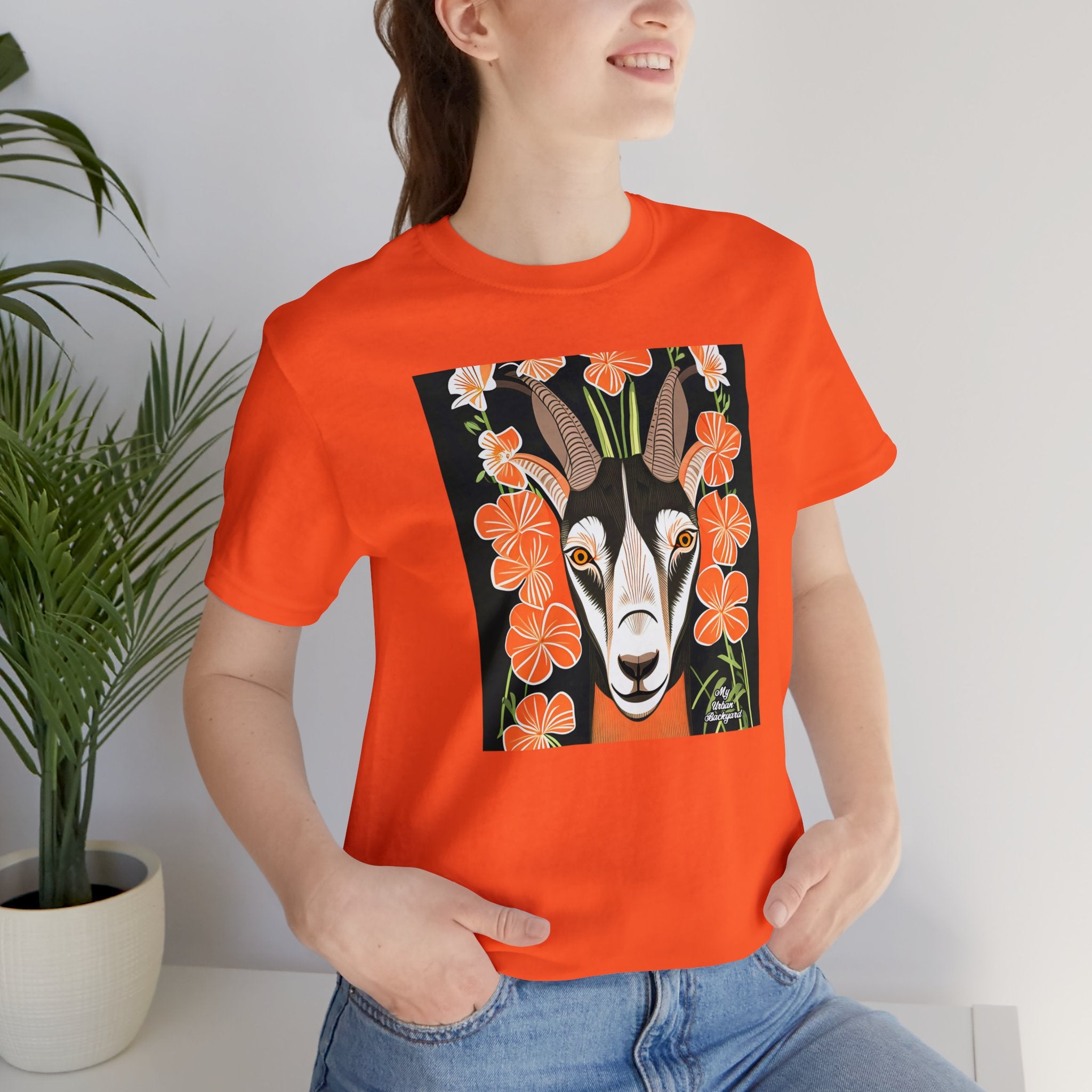 Goat with Orange Flowers, 100% Jersey Cotton T-Shirt