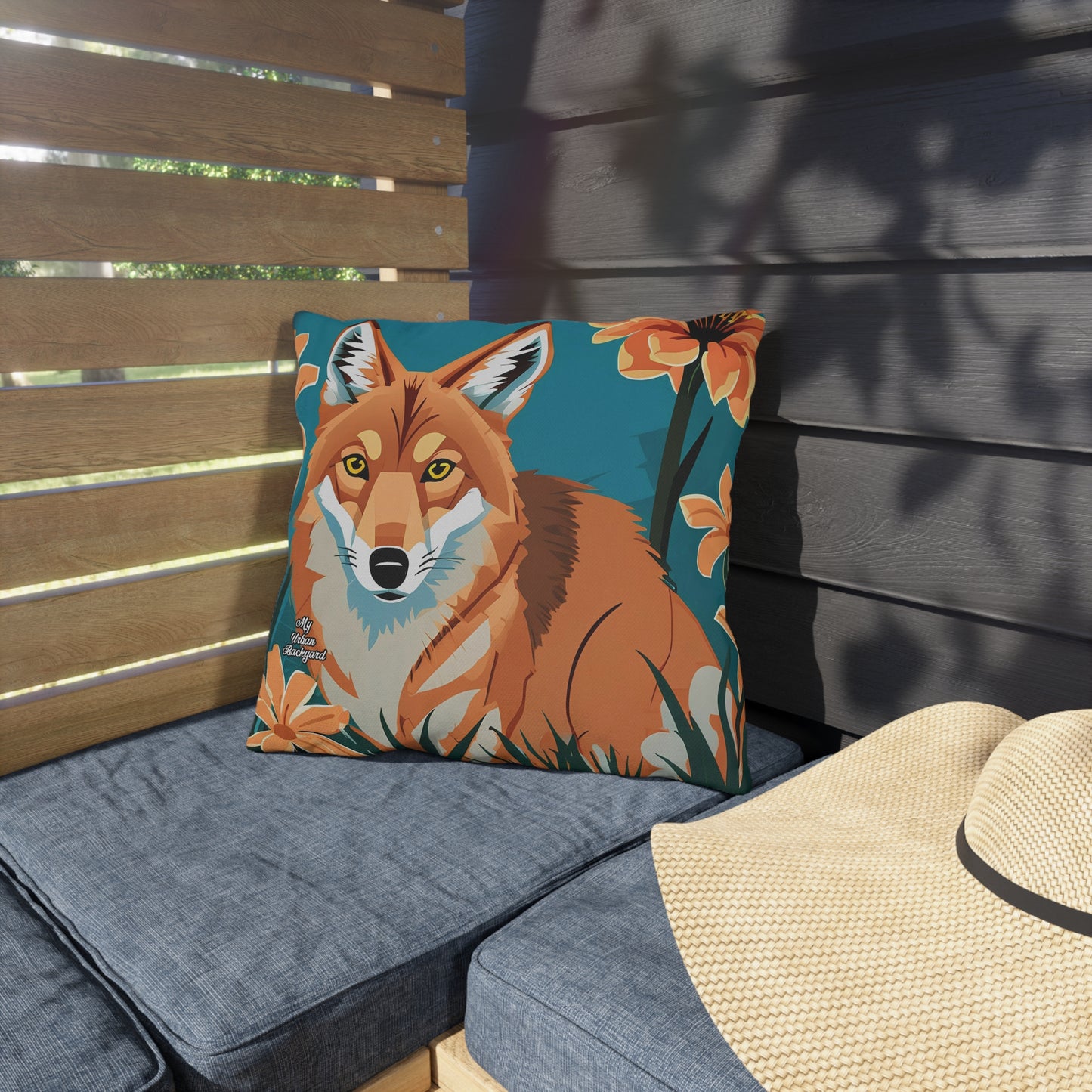 Coyote and Wildflowers, Sable accent color, Indoor/Outdoor Throw Pillow Decor for Patio or Office