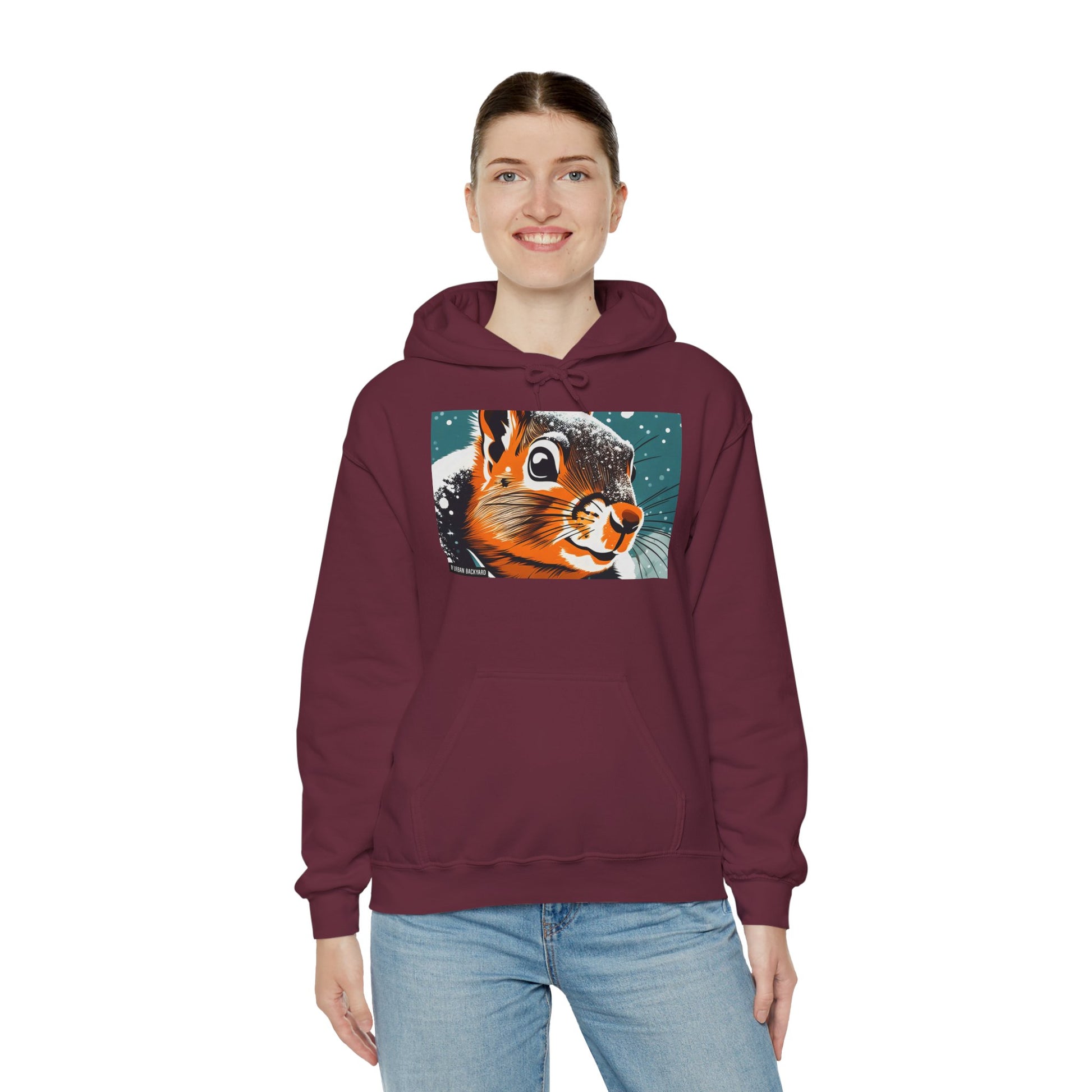 Winter Squirrel Sweatshirt - Unisex Heavy Blend Hooded, Cute Animal Apparel, Winter Fashion, Gift for Nature Lovers, Snowy Days, Cozy Wear