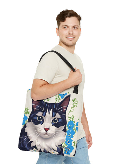 Cat and Blue Flowers Tote Bag with Cotton Handles For Everyday Use, 3 Sizes