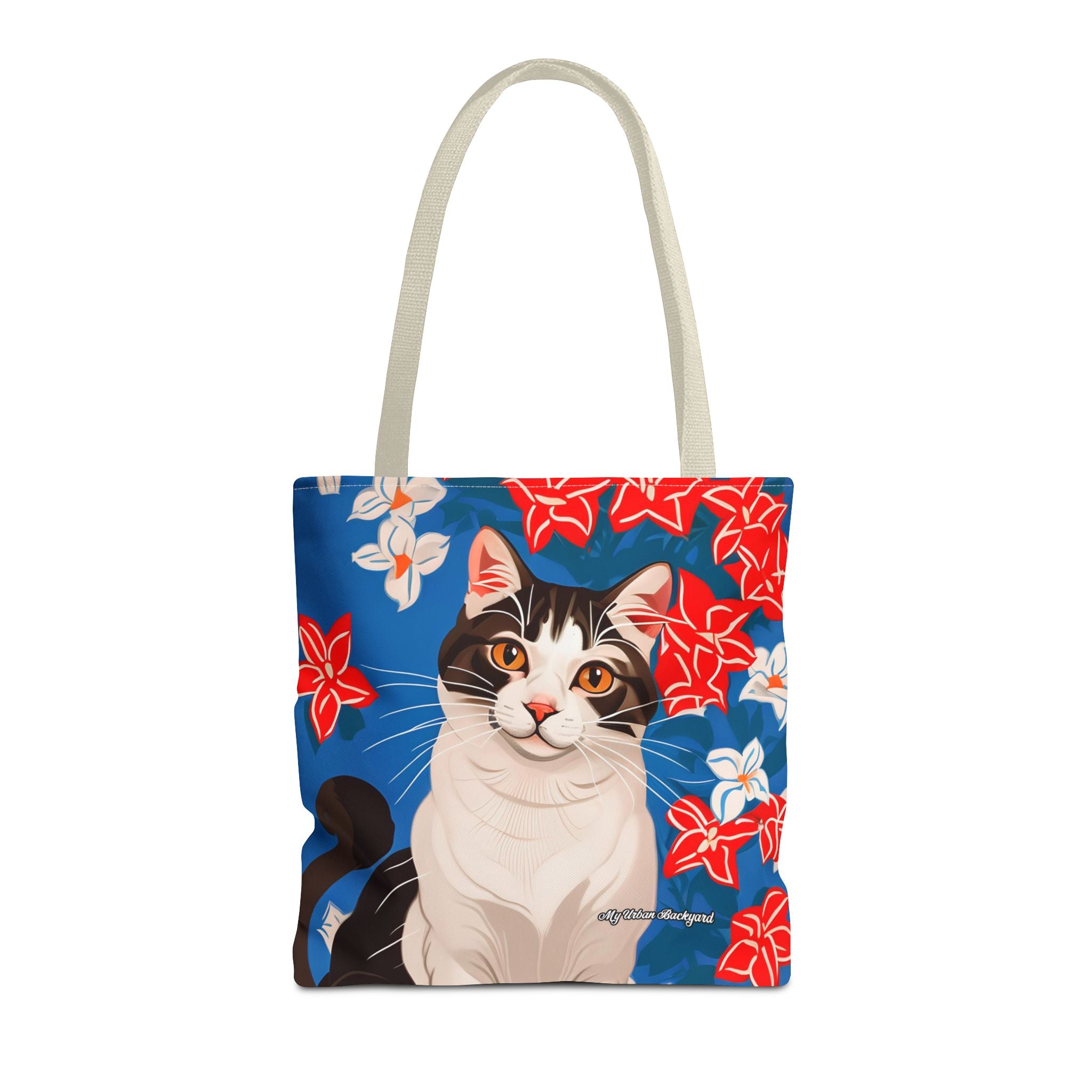 Cat with Red and White Flowers, Tote Bag with Cotton Handles For Everyday Use, 3 Sizes