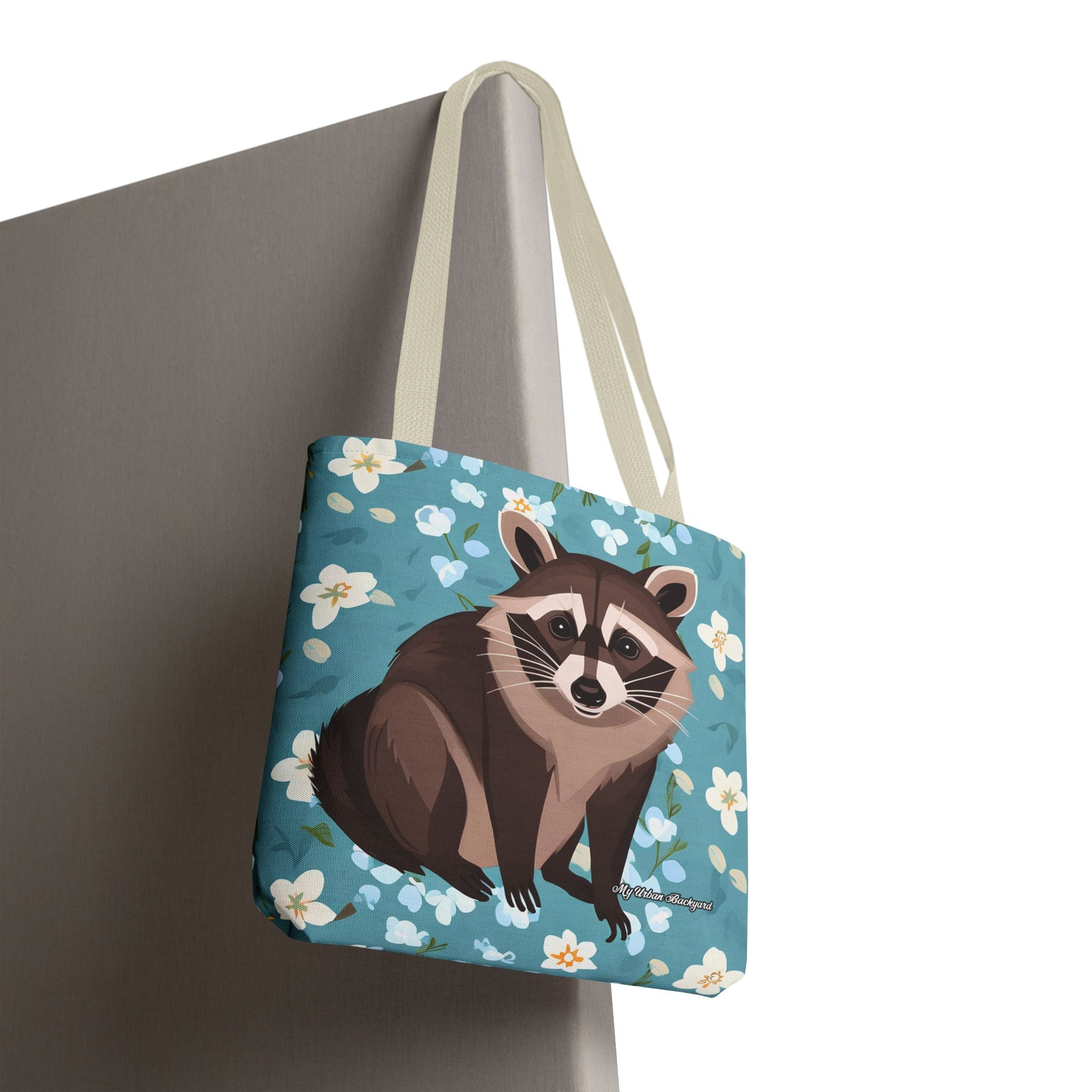 Young Raccoon w Flowers Tote Bag with Cotton Handles For Everyday Use, 3 Sizes