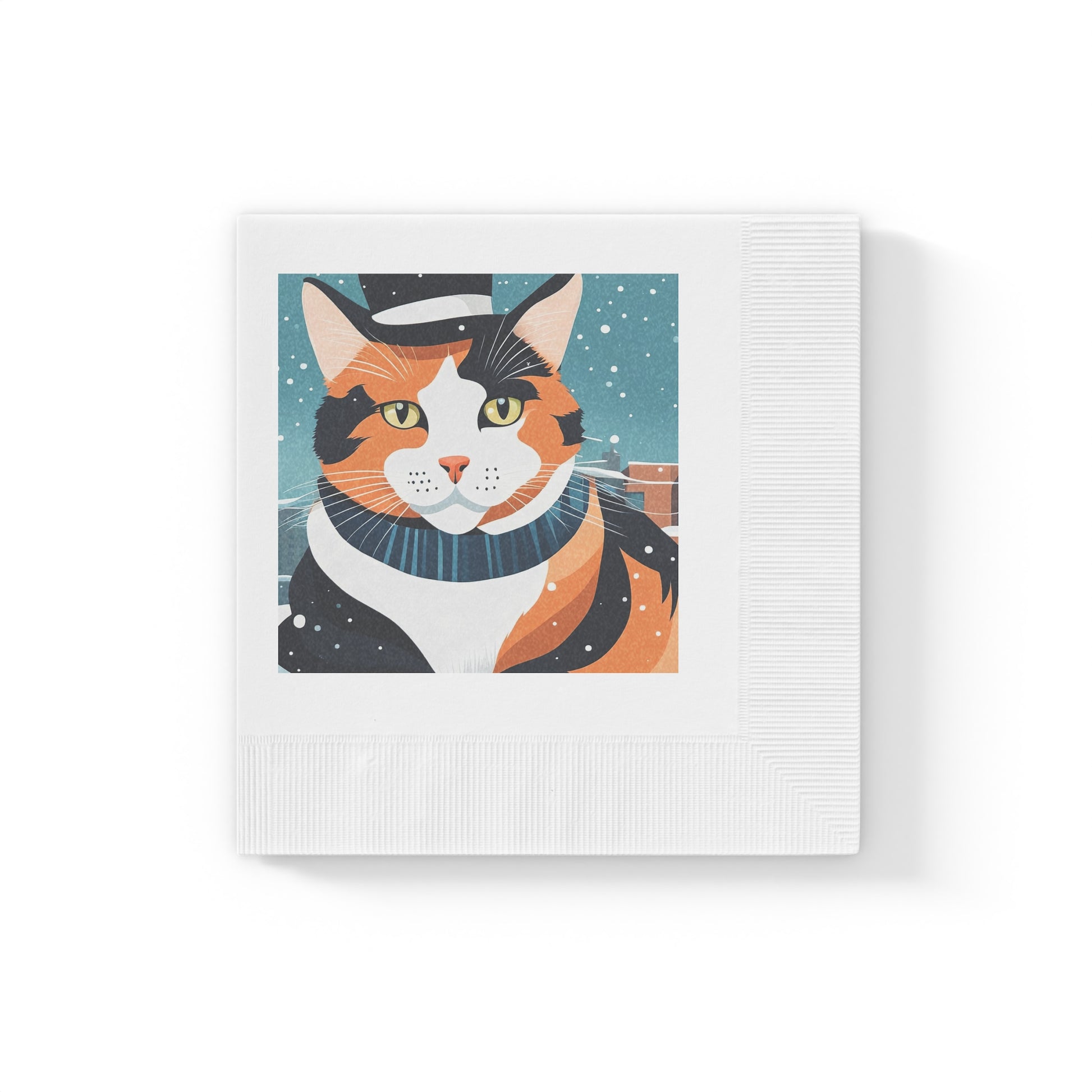 Winter Calico Cat Cocktail Napkins — Festive Cat Napkins for Holiday Parties, 2 sizes, Pack of 50 or 100