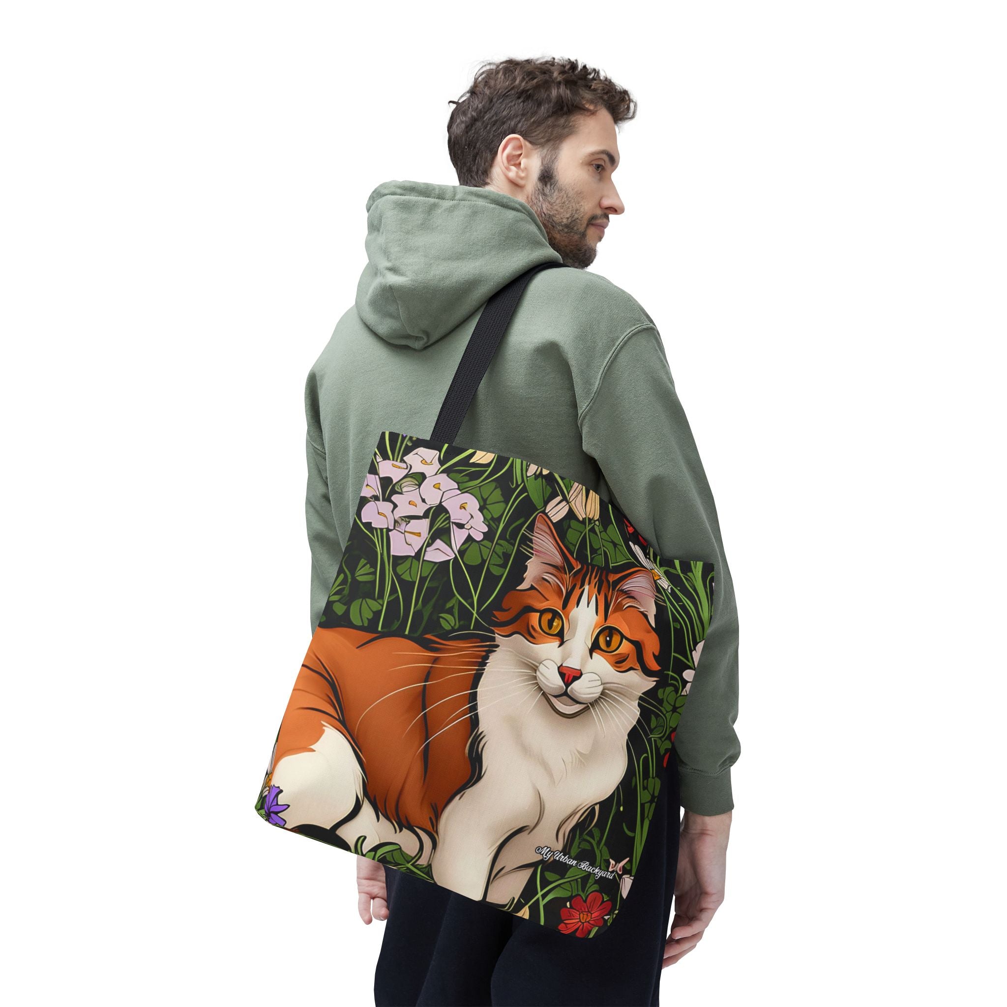 Orange Cat with Flowers Tote Bag with Cotton Handles For Everyday Use, 3 Sizes