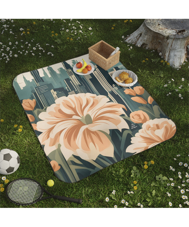 Flowers and a City, Outdoor Picnic Blanket with Soft Fleece Top, Water-Resistant Bottom, 51" × 61"