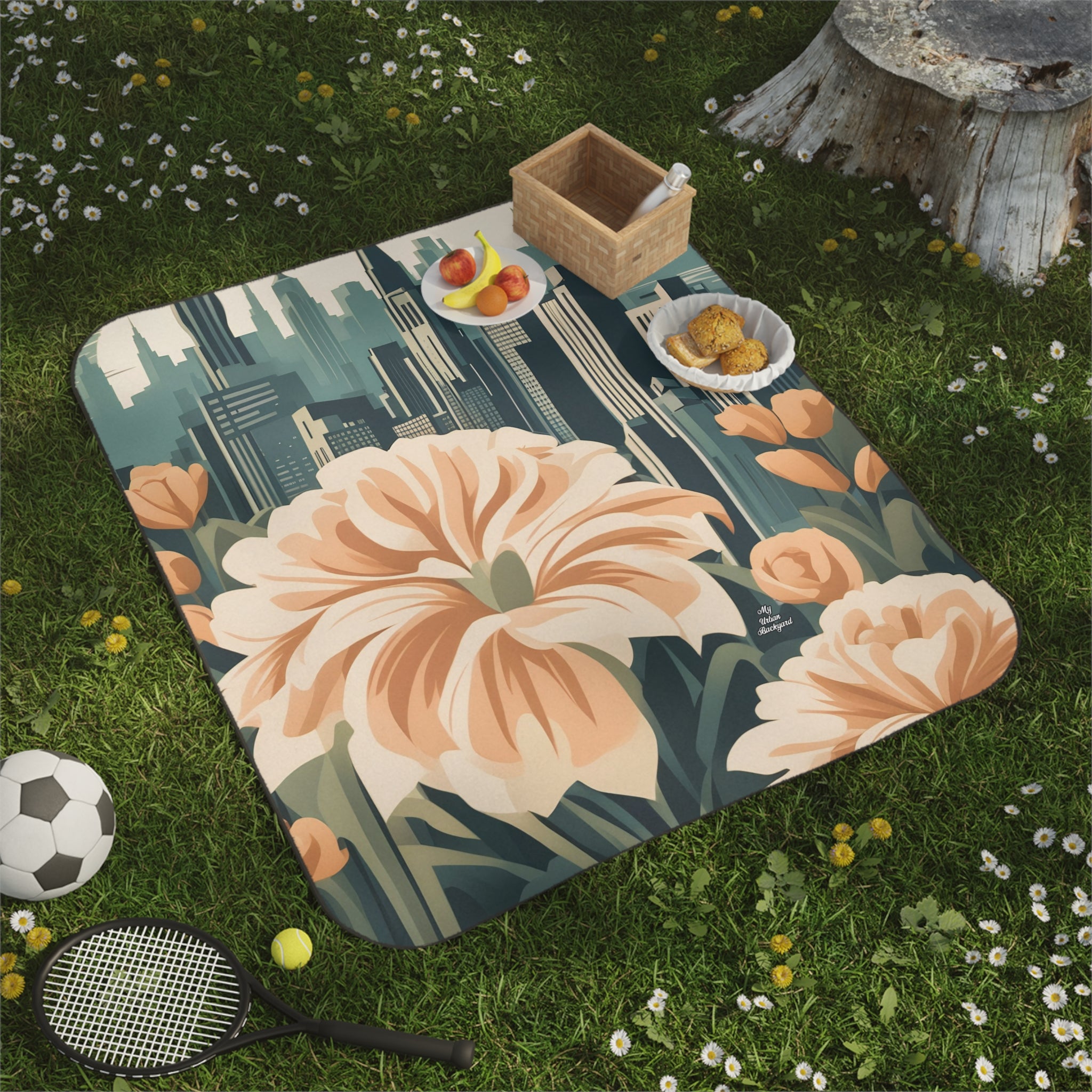 Flowers and a City, Outdoor Picnic Blanket with Soft Fleece Top, Water-Resistant Bottom, 51" × 61"