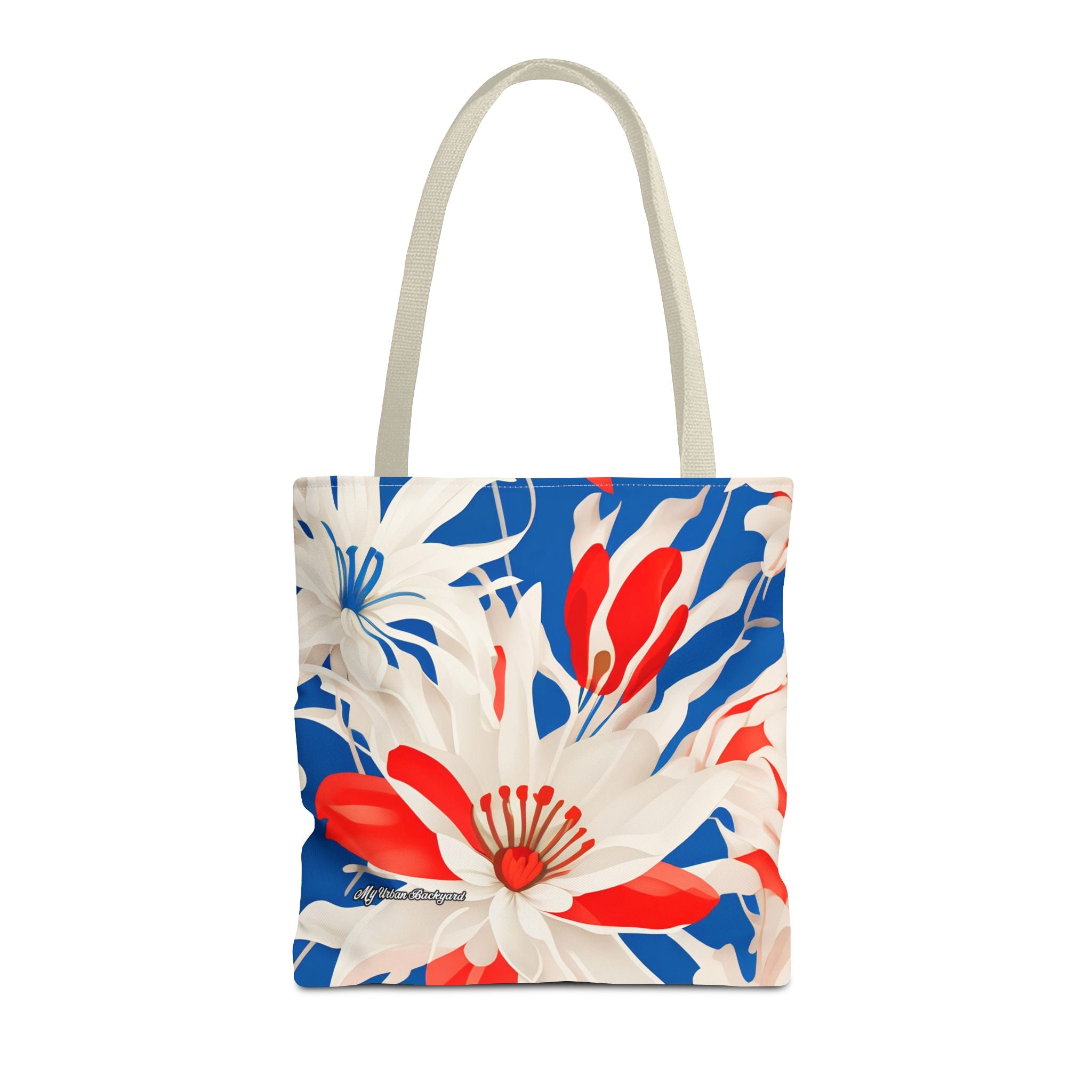 Red White & Blue Flowers Tote Bag with Cotton Handles For Everyday Use, 3 Sizes