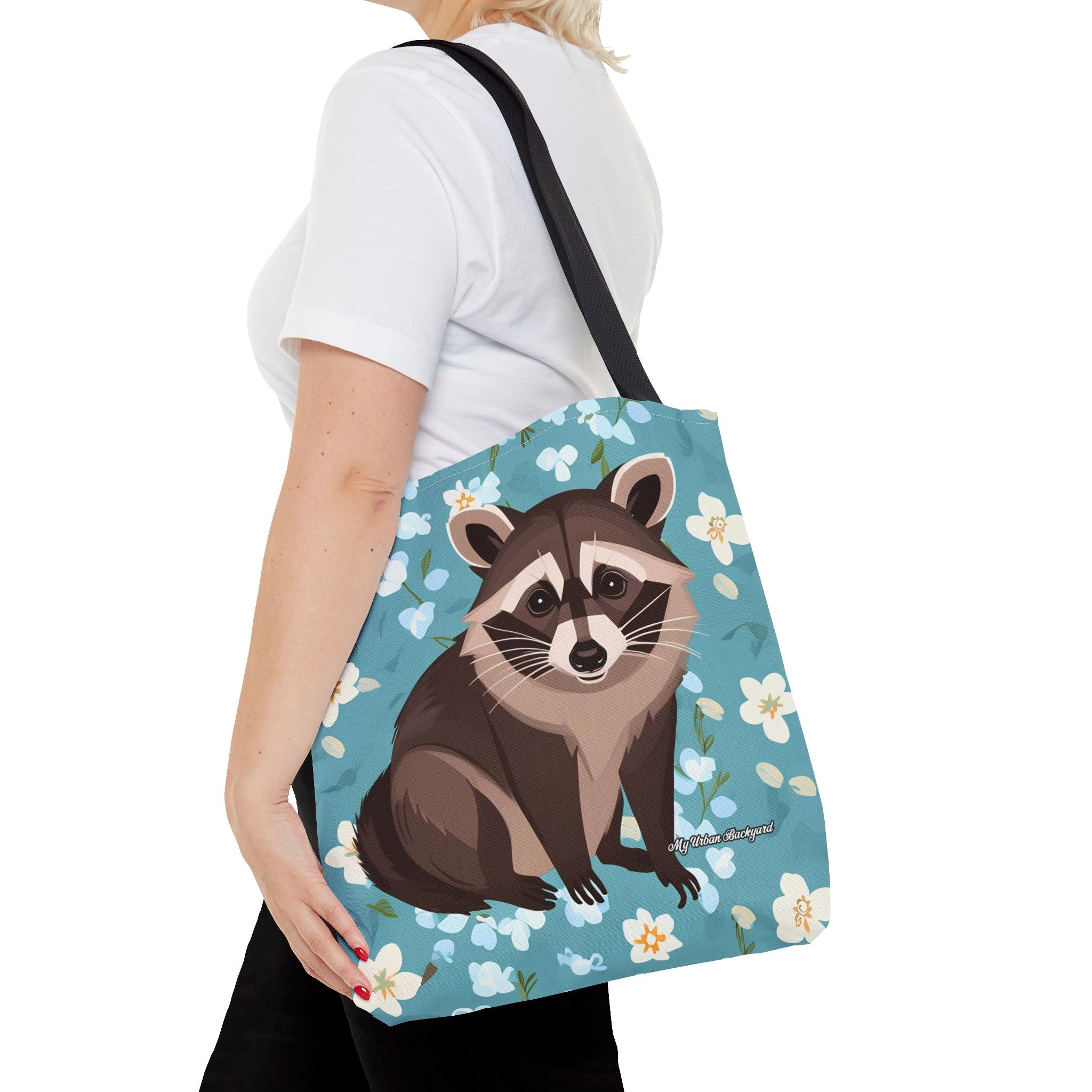 Young Raccoon w Flowers Tote Bag with Cotton Handles For Everyday Use, 3 Sizes