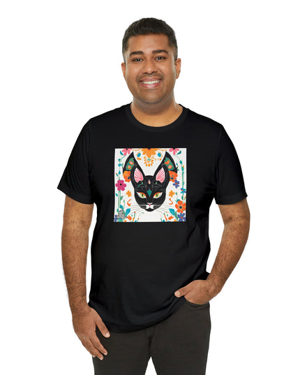 Black Cat w Green Eyes & Flowers, Soft 100% Jersey Cotton T-Shirt, Unisex, Short Sleeve, Retail Fit