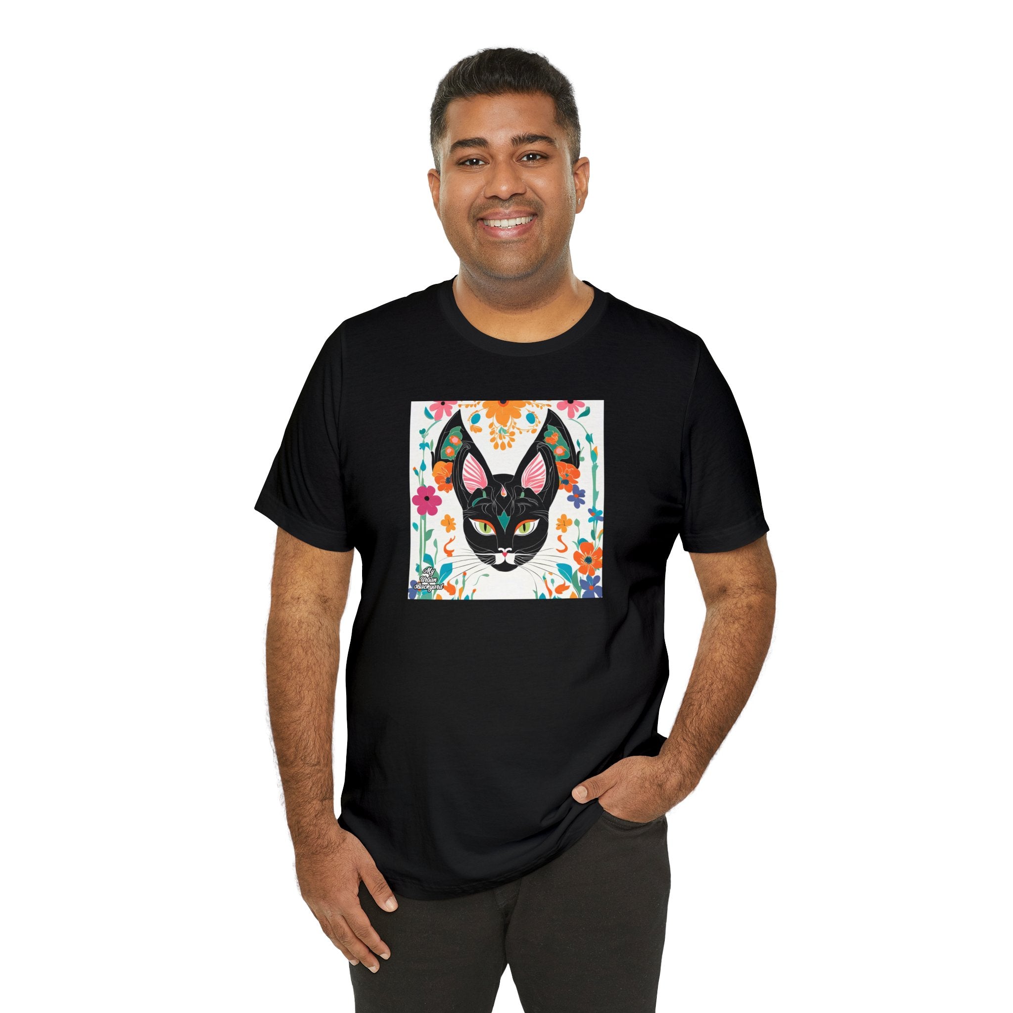 Black Cat w Green Eyes & Flowers, Soft 100% Jersey Cotton T-Shirt, Unisex, Short Sleeve, Retail Fit