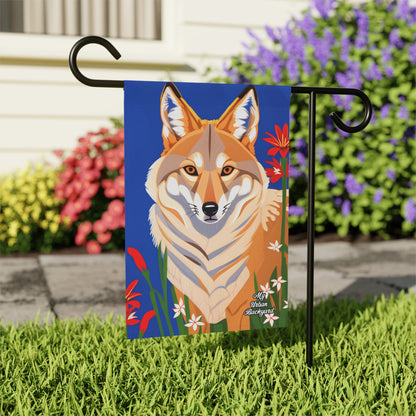 Coyote and Red Flowers, Garden Flag for Yard, Patio, Porch, or Work, 12"x18" - Flag only