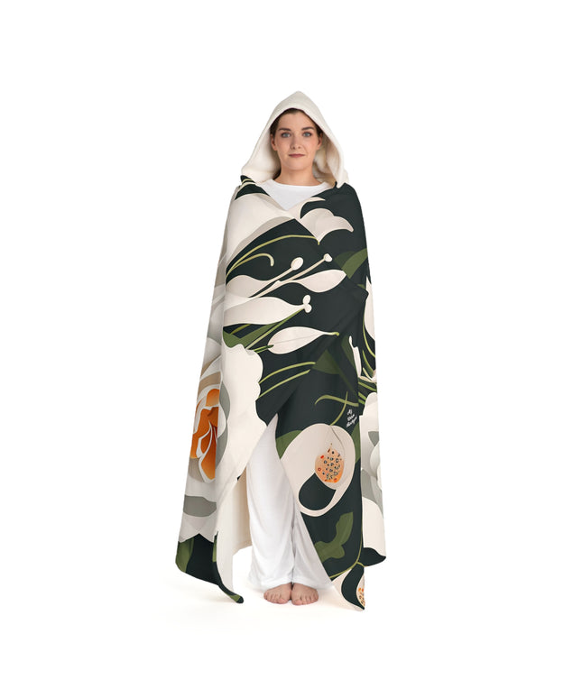 White with Orange Burst Flowers, Cozy Hooded Sherpa Fleece Blanket