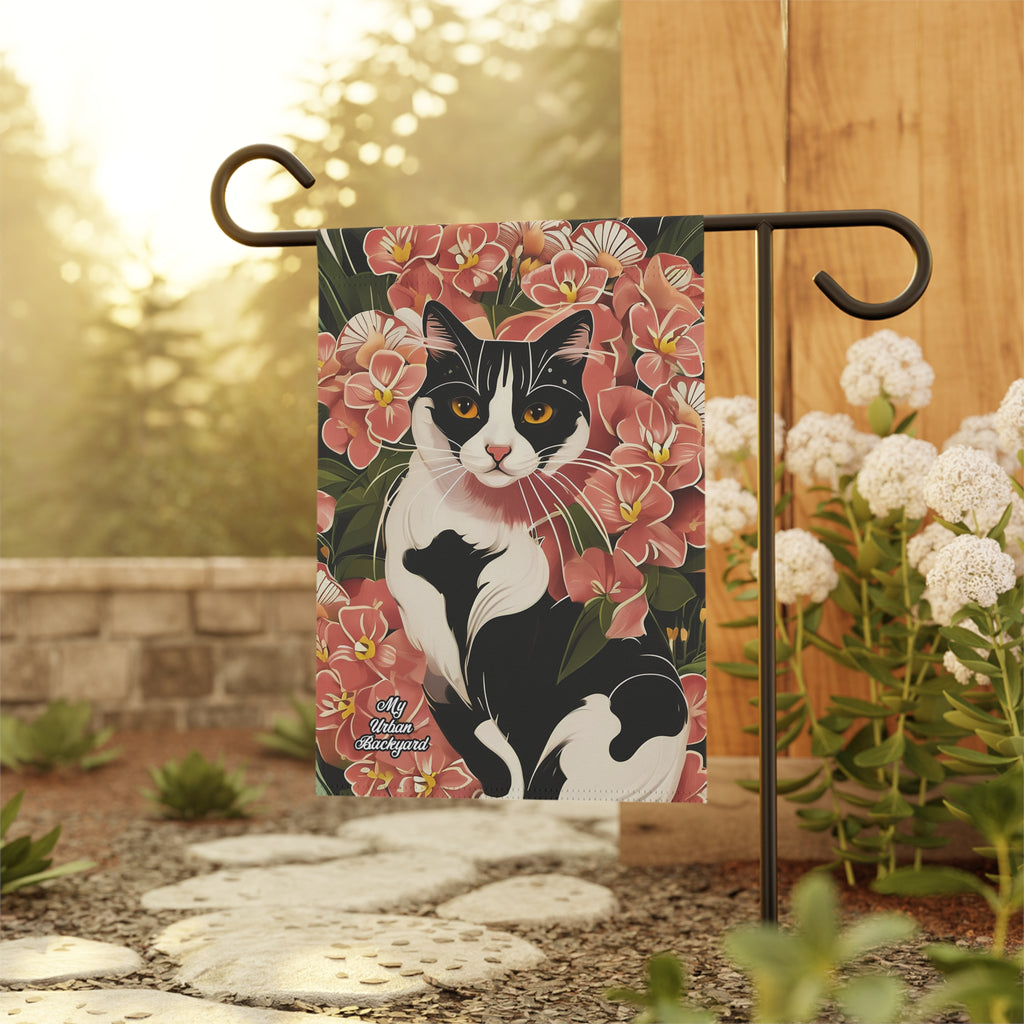 Black & White Cat in Flowers, Garden Flag for Yard, Patio, Porch, or Work, 12"x18" - Flag only
