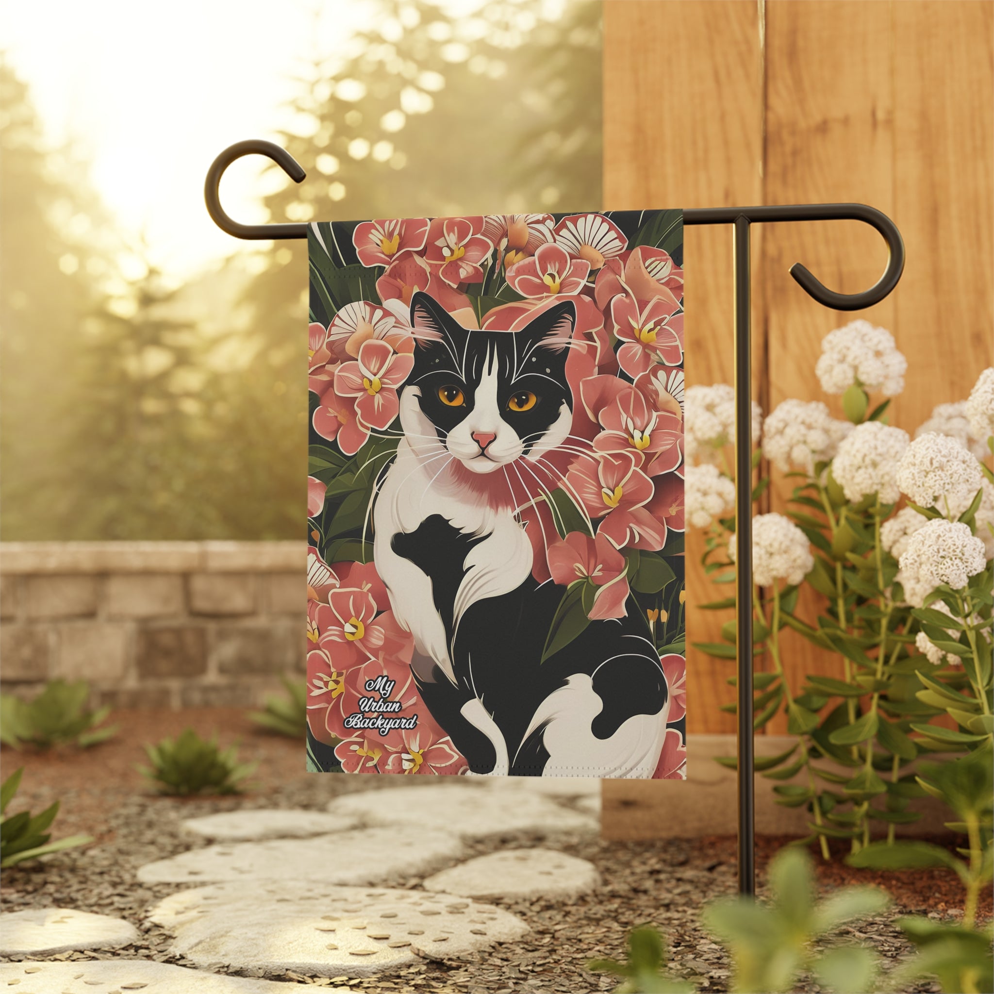 Black & White Cat in Flowers, Garden Flag