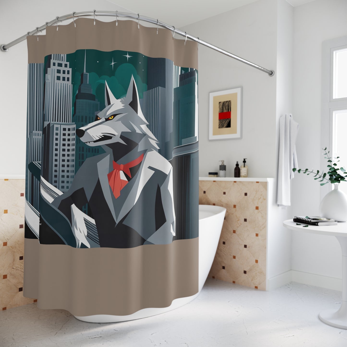 Cinderhowl, Wolf Shower Curtain, Taupe accent color - 71" x 74"