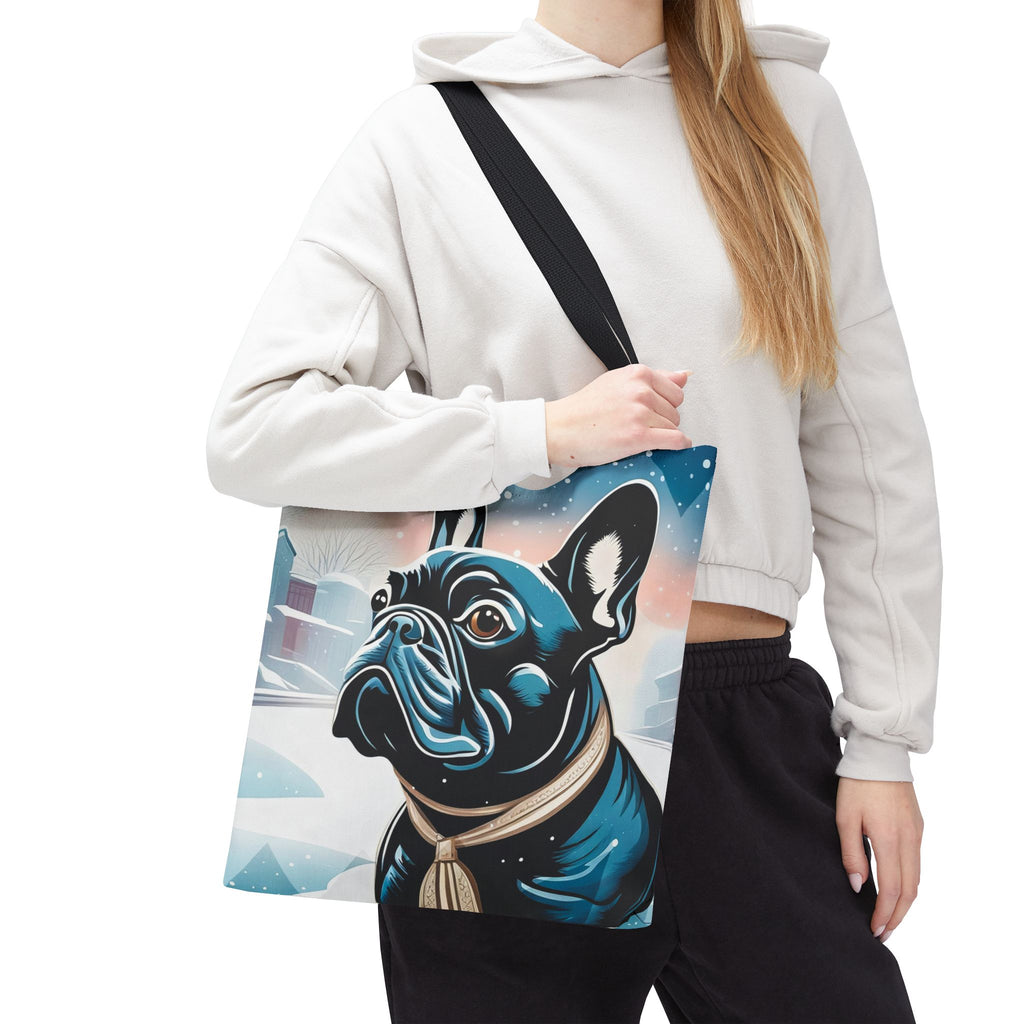 French Bulldog Winter Tote Bag — Snowy Pup All-Over Print Tote