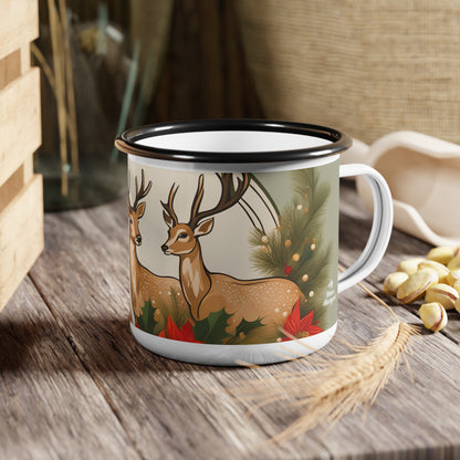 Deer with Evergreen Foliage, Enamel Camping Mug for Coffee, Tea, Cocoa, or Cereal - 12oz