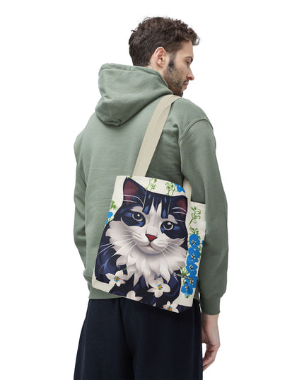 Cat and Blue Flowers Tote Bag with Cotton Handles For Everyday Use, 3 Sizes