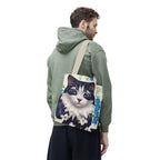 Cat and Blue Flowers Tote Bag with Cotton Handles For Everyday Use, 3 Sizes