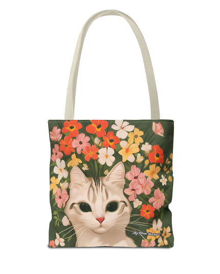 White Cat with Flowers Tote Bag with Cotton Handles For Everyday Use, 3 Sizes