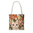 White Cat with Flowers Tote Bag with Cotton Handles For Everyday Use, 3 Sizes