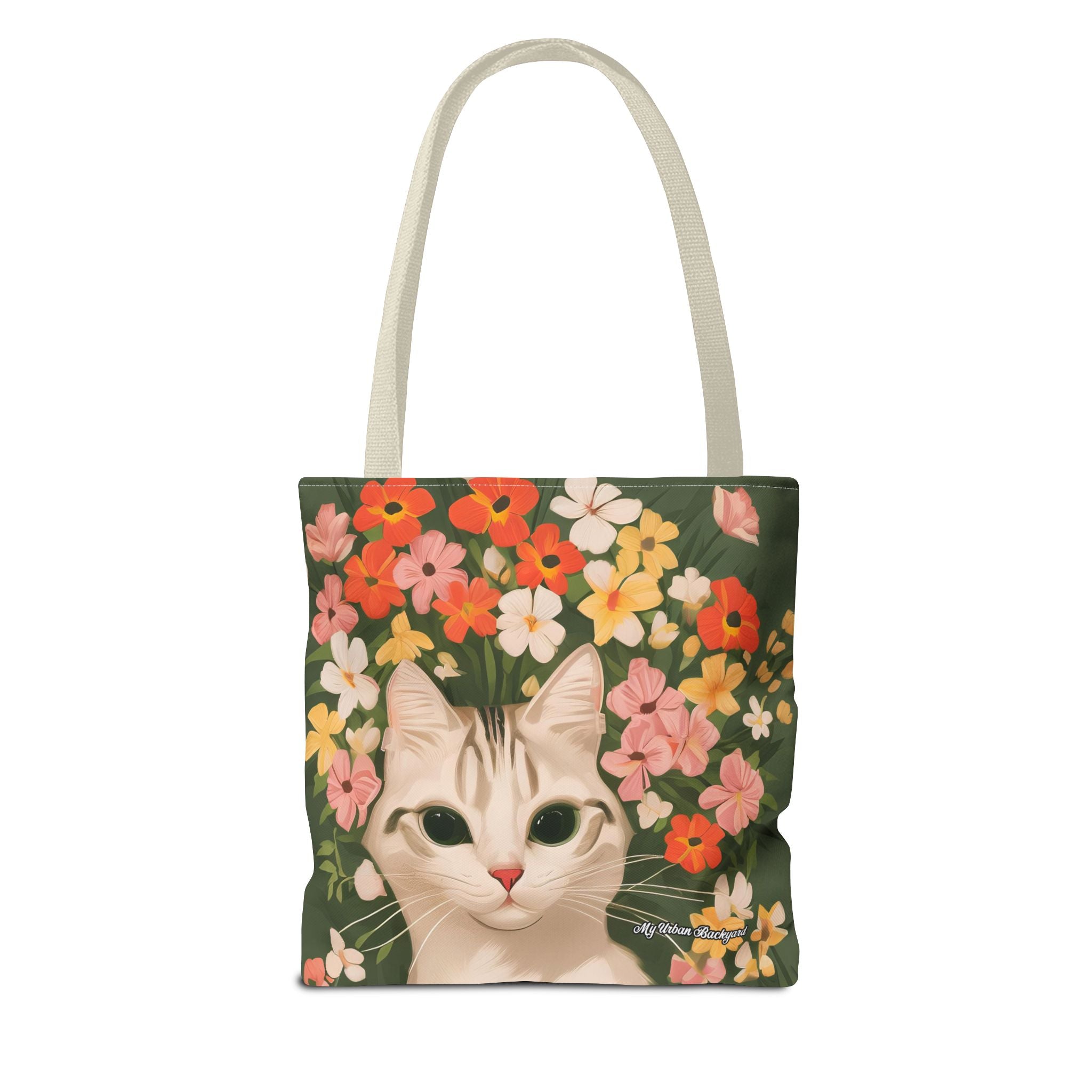 White Cat with Flowers Tote Bag with Cotton Handles For Everyday Use, 3 Sizes