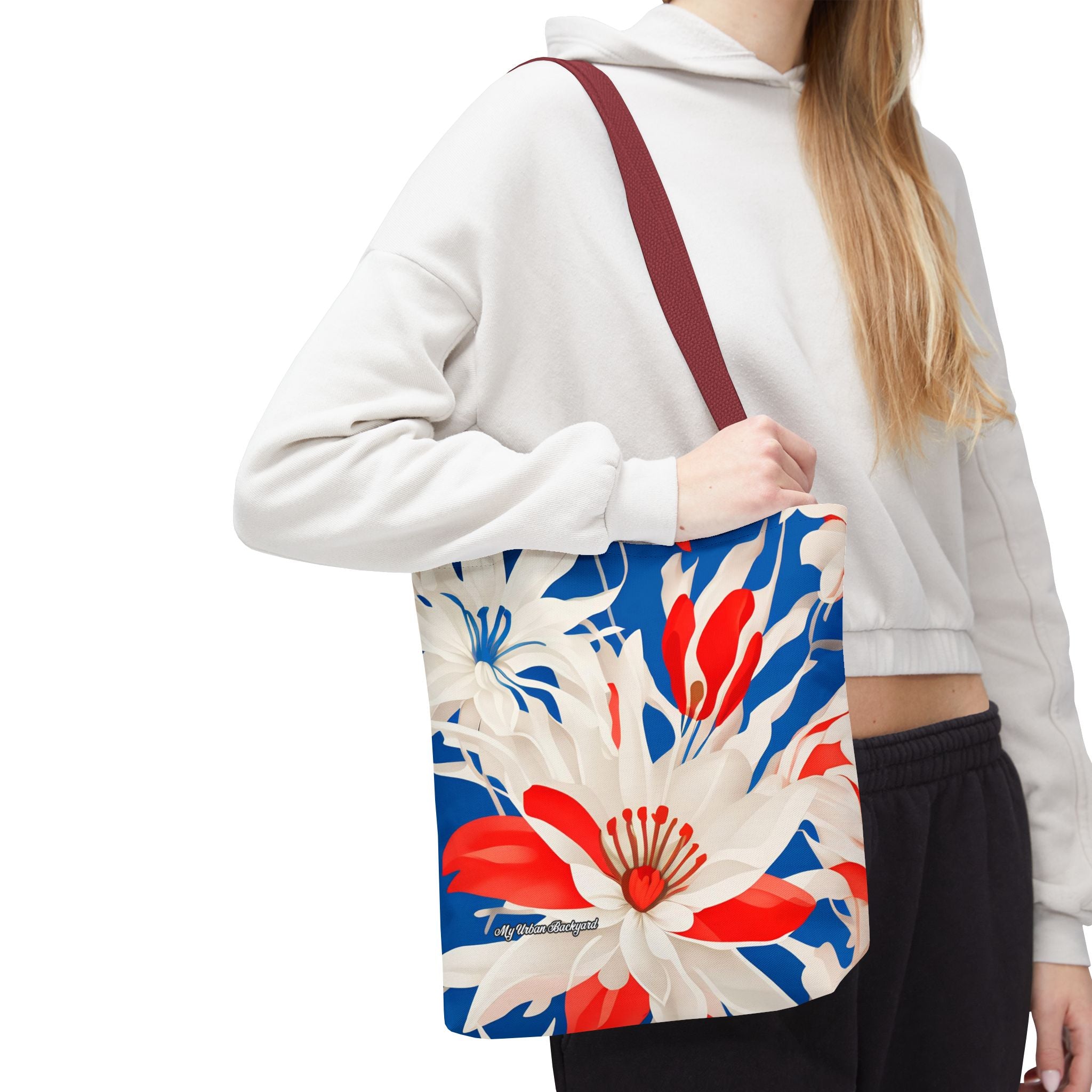 Red White & Blue Flowers Tote Bag with Cotton Handles For Everyday Use, 3 Sizes