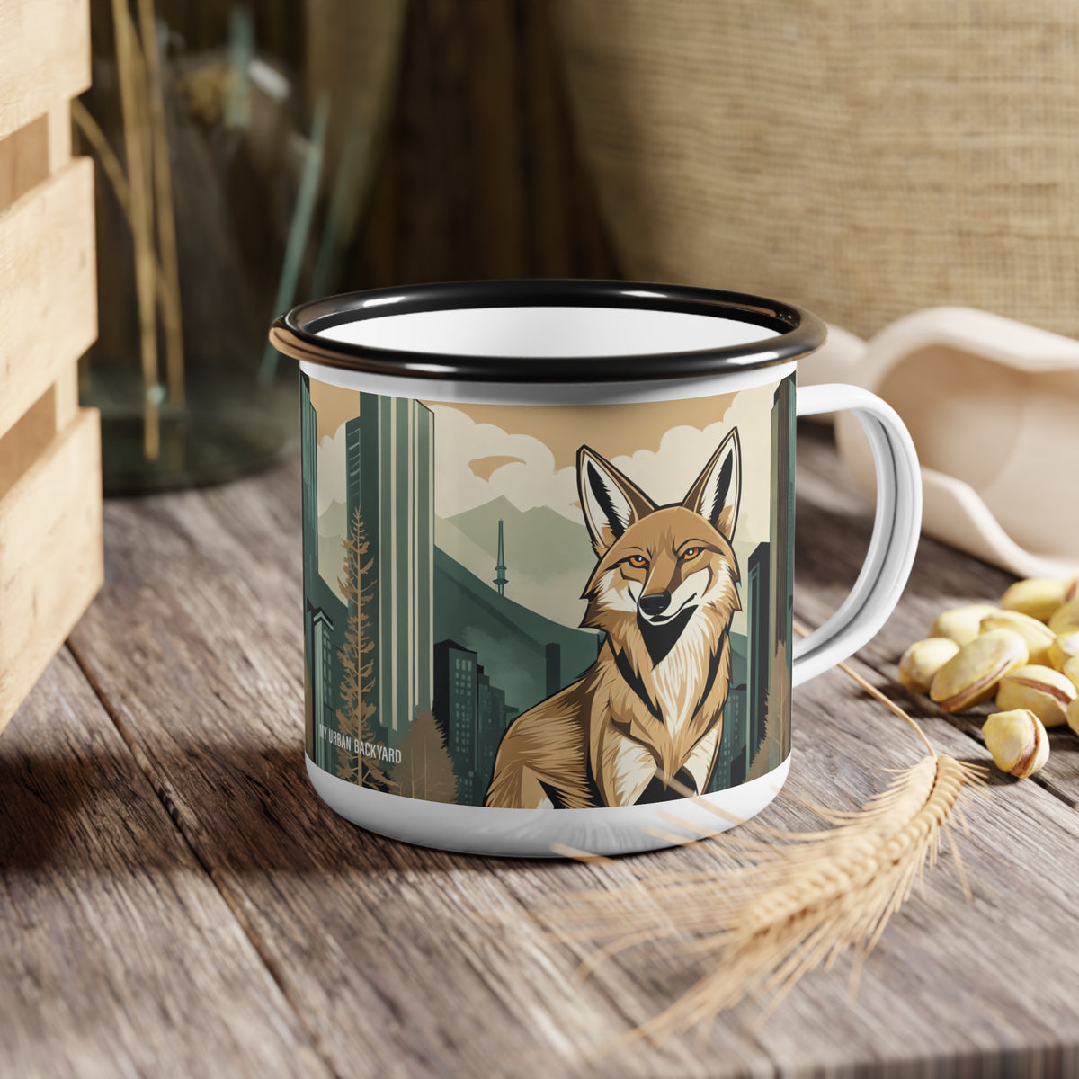 Woodland Neighbor Coyote Enamel Mug — 12 oz