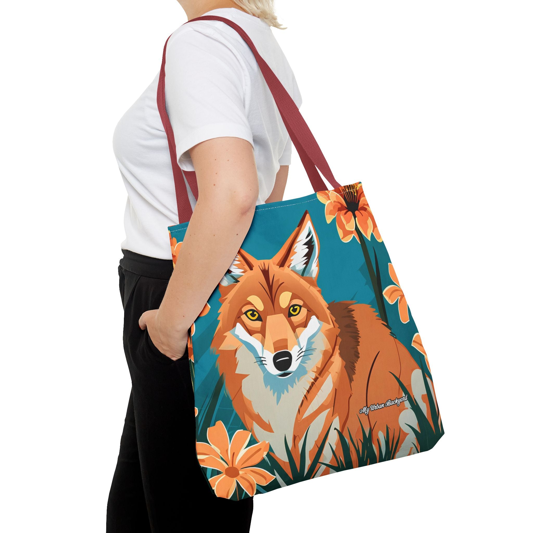 Coyote with Flowers Tote Bag with Cotton Handles For Everyday Use, 3 Sizes