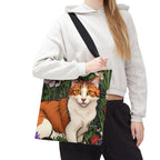 Orange Cat with Flowers, Tote Bag w Cotton Handles