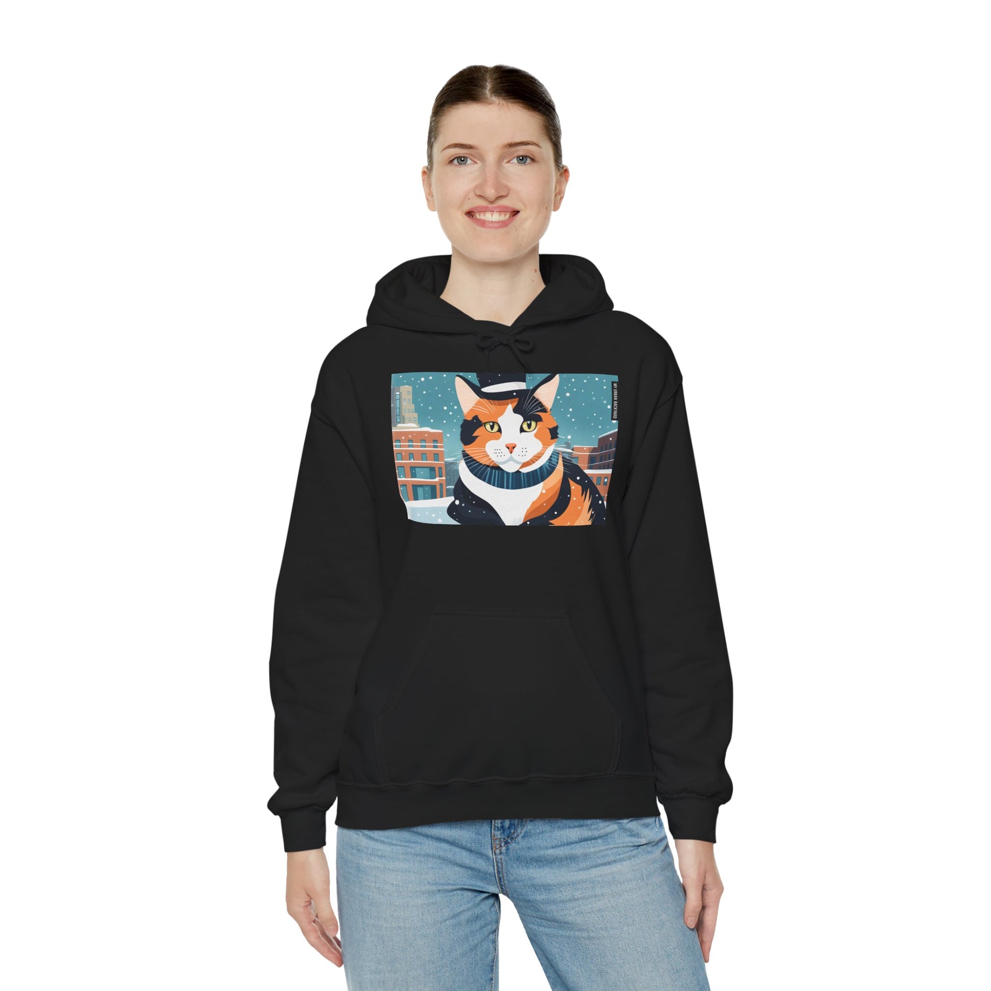 Calico Cat in Snow Hoodie — Cozy Winter Cat Lover Sweatshirt