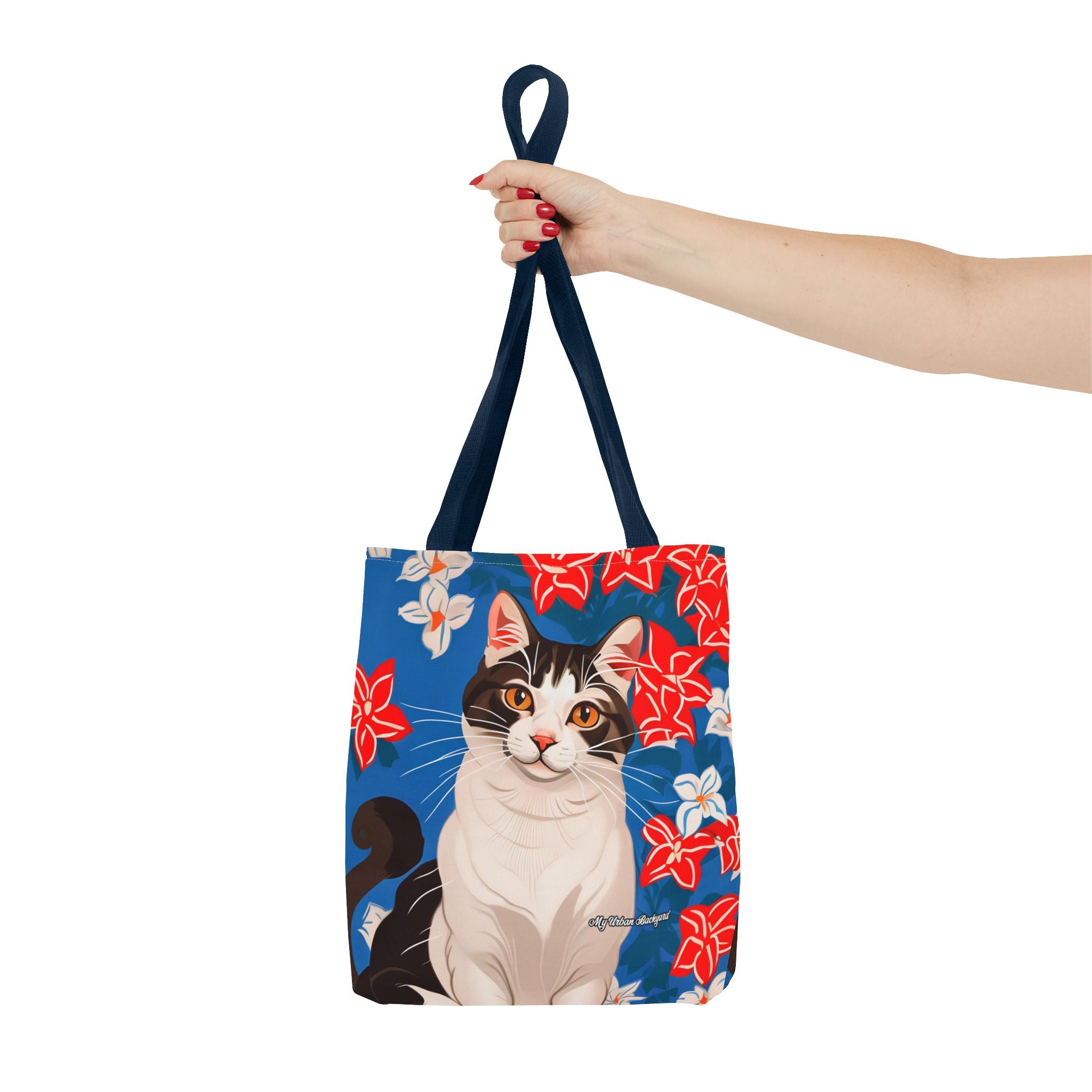 Cat with Red and White Flowers, Tote Bag with Cotton Handles For Everyday Use, 3 Sizes