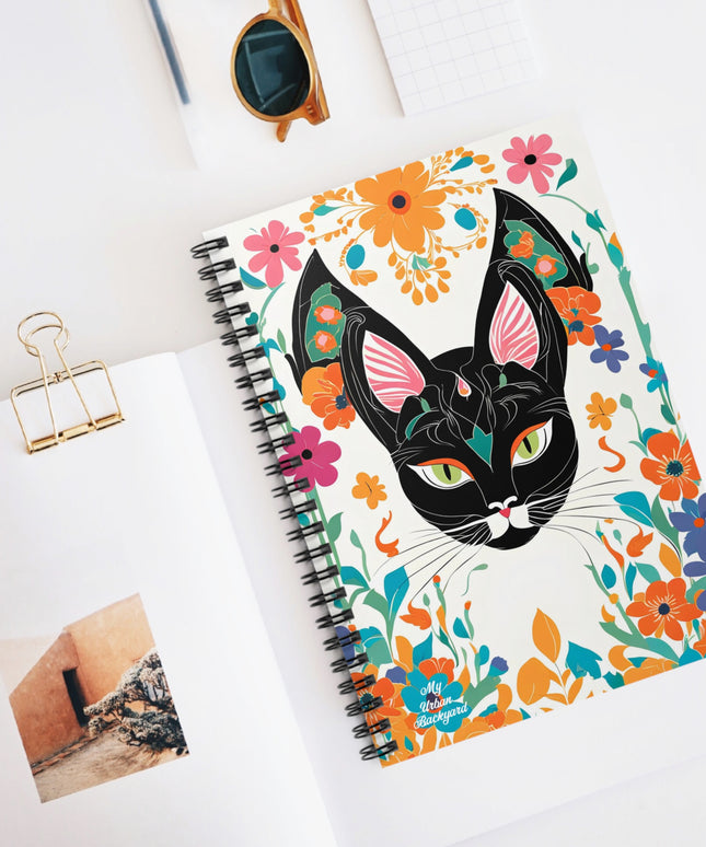 Black Cat with Green Eyes & Flowers, Spiral Notebook Journal - Write in Style