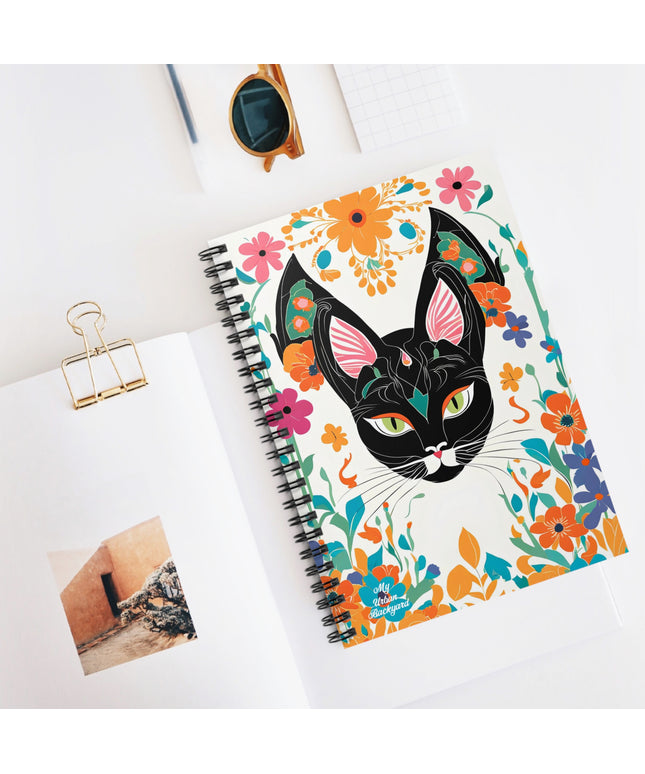 Black Cat with Green Eyes & Flowers, Spiral Notebook Journal - Write in Style