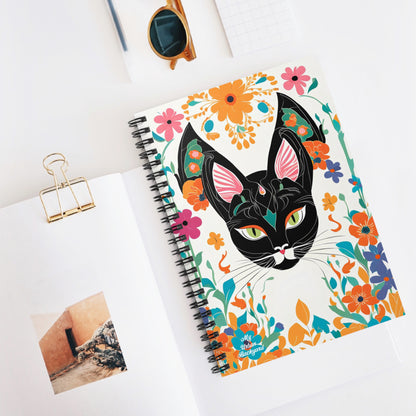 Black Cat with Green Eyes & Flowers, Spiral Notebook Journal - Write in Style