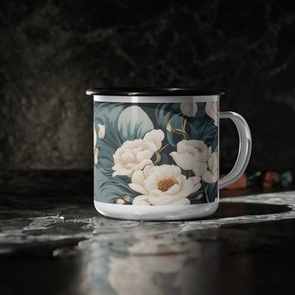 Winter Flowers, Enamel Camping Mug for Coffee, Tea, Cocoa, or Cereal - 12oz