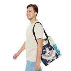 Cat and Blue Flowers, Tote Bag with Cotton Handles