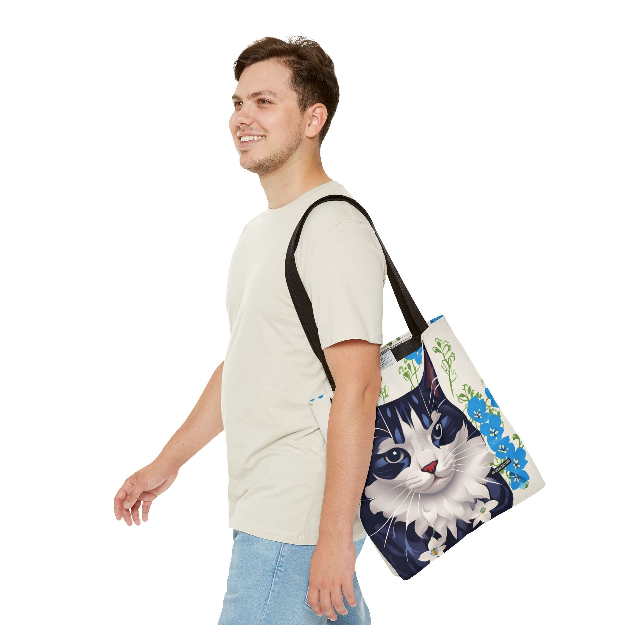 Cat and Blue Flowers, Tote Bag with Cotton Handles