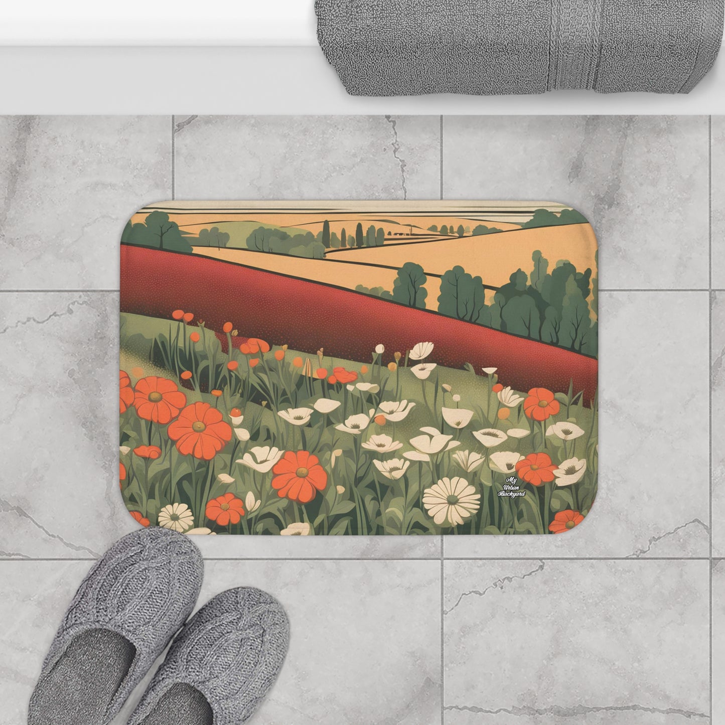 Wildflowers and Rolling Hills, Memory Foam Bath Mat - Cozy Bathroom Essential