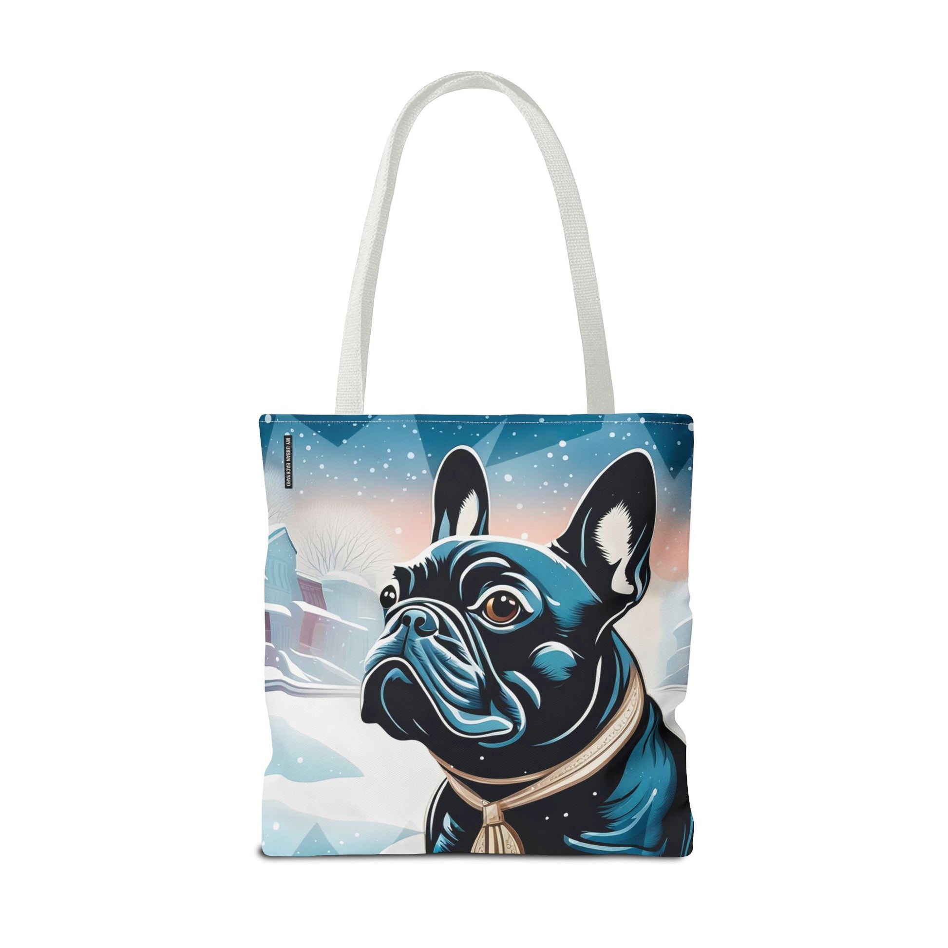 French Bulldog Winter Tote Bag — Snowy Pup All-Over Print Tote