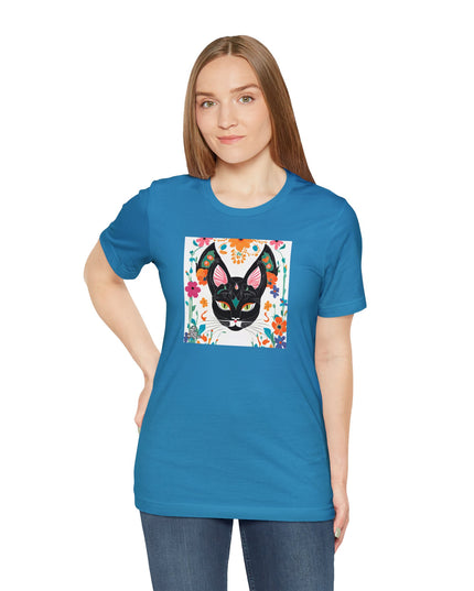 Black Cat w Green Eyes & Flowers, Soft 100% Jersey Cotton T-Shirt, Unisex, Short Sleeve, Retail Fit