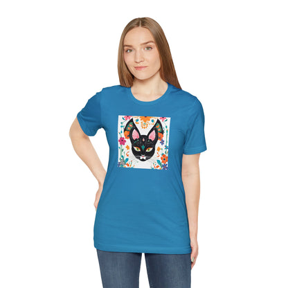 Black Cat w Green Eyes & Flowers, Soft 100% Jersey Cotton T-Shirt, Unisex, Short Sleeve, Retail Fit