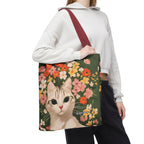 White Cat with Flowers Tote Bag with Cotton Handles For Everyday Use, 3 Sizes
